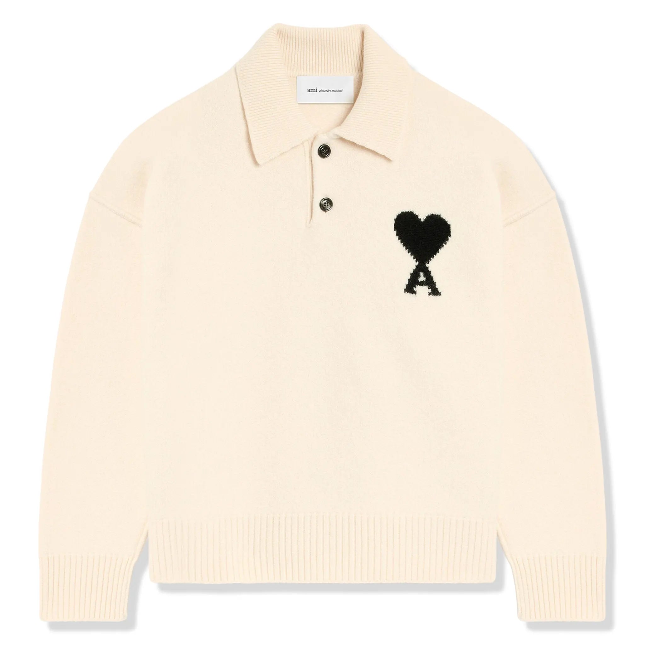 Front View of Ami Paris Ami De Coeur Wool Heather Off White Black Polo Sweatshirt